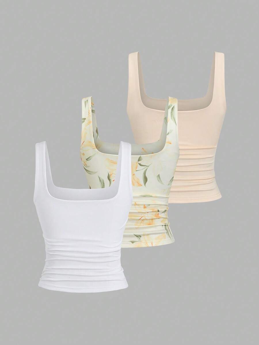 Sweetra Ženska Letnja Majica – Kvadratni Izrez, Nabran Slim Fit Casual Top