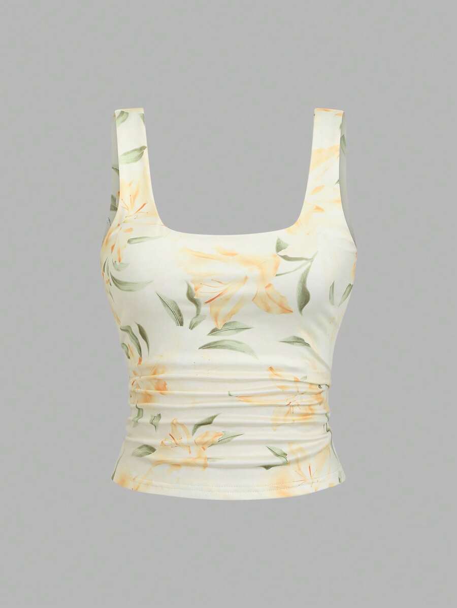 Sweetra Ženska Letnja Majica – Kvadratni Izrez, Nabran Slim Fit Casual Top