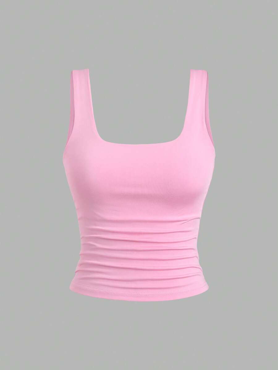 Sweetra Ženska Letnja Majica – Kvadratni Izrez, Nabran Slim Fit Casual Top