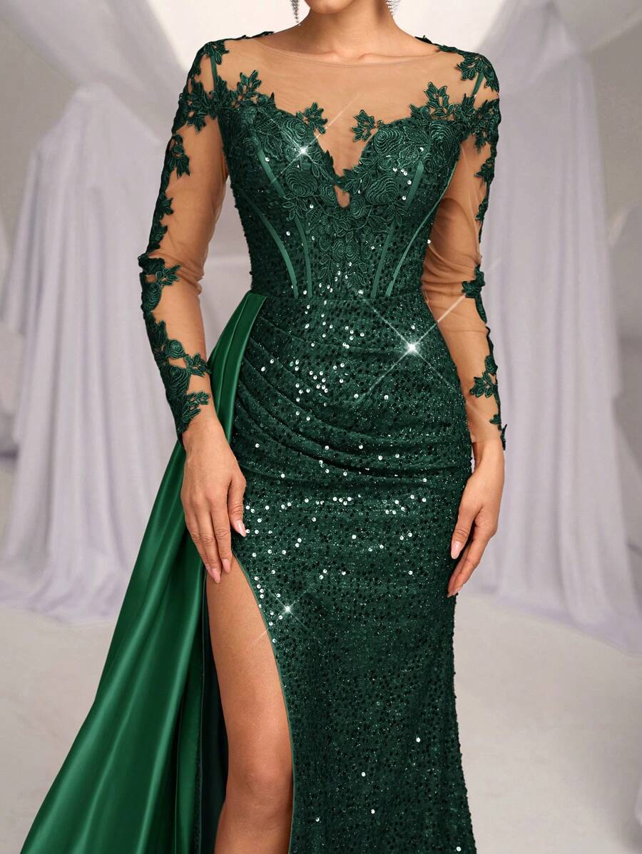 Elegantna luksuzna maksi haljina sa vezom, šljokicama, čipkom i satenom
