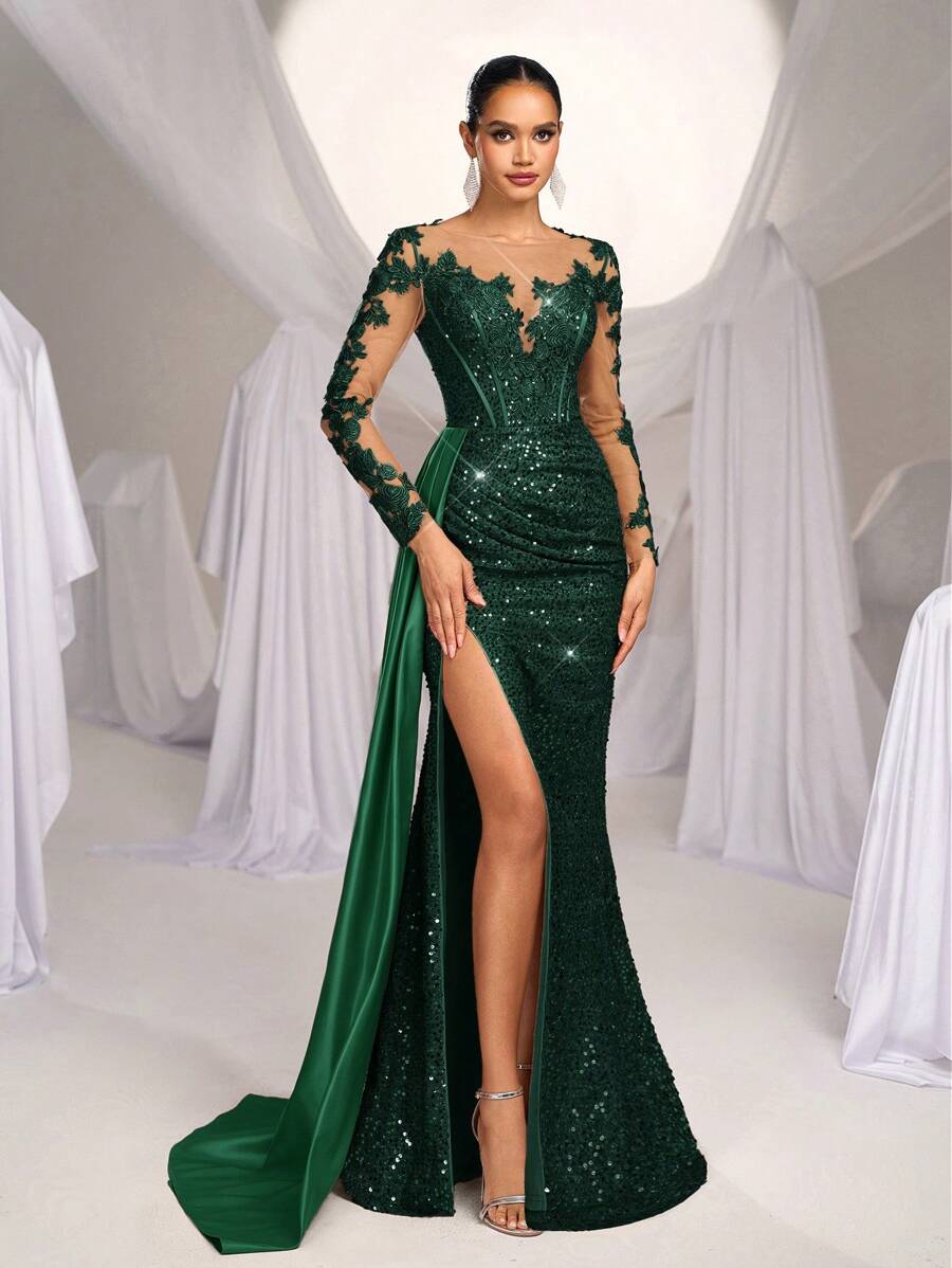Elegantna luksuzna maksi haljina sa vezom, šljokicama, čipkom i satenom