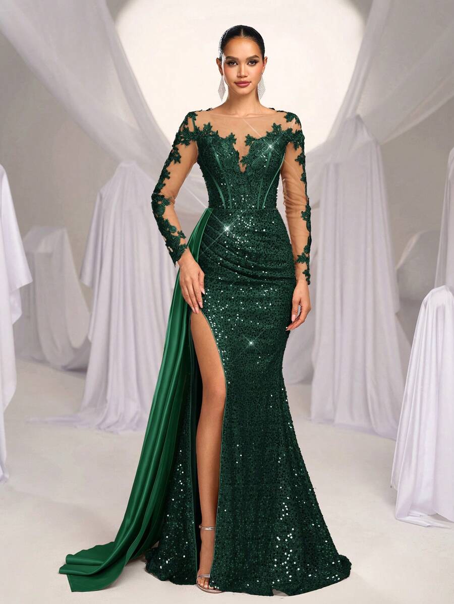 Elegantna luksuzna maksi haljina sa vezom, šljokicama, čipkom i satenom