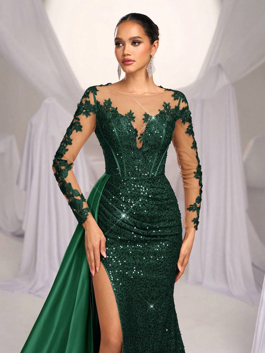 Elegantna luksuzna maksi haljina sa vezom, šljokicama, čipkom i satenom