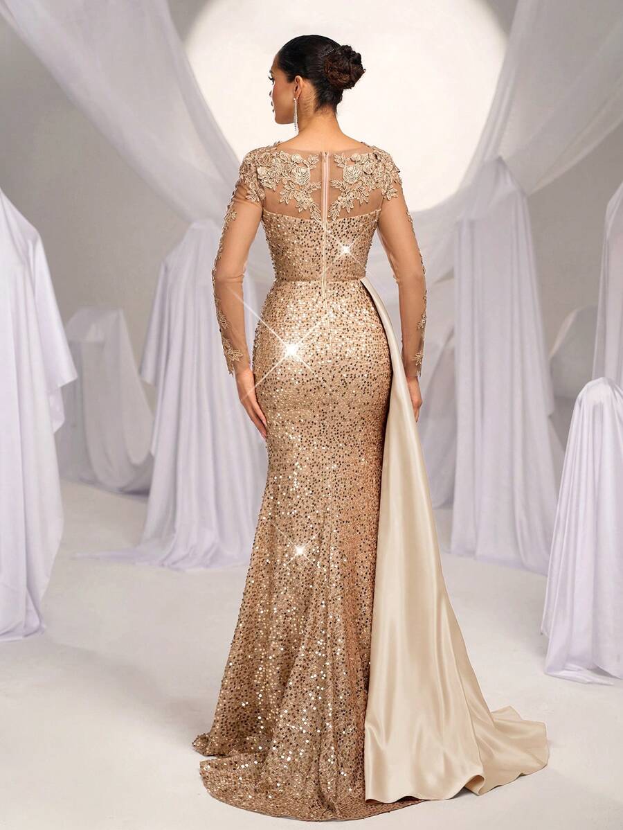 Elegantna luksuzna maksi haljina sa vezom, šljokicama, čipkom i satenom