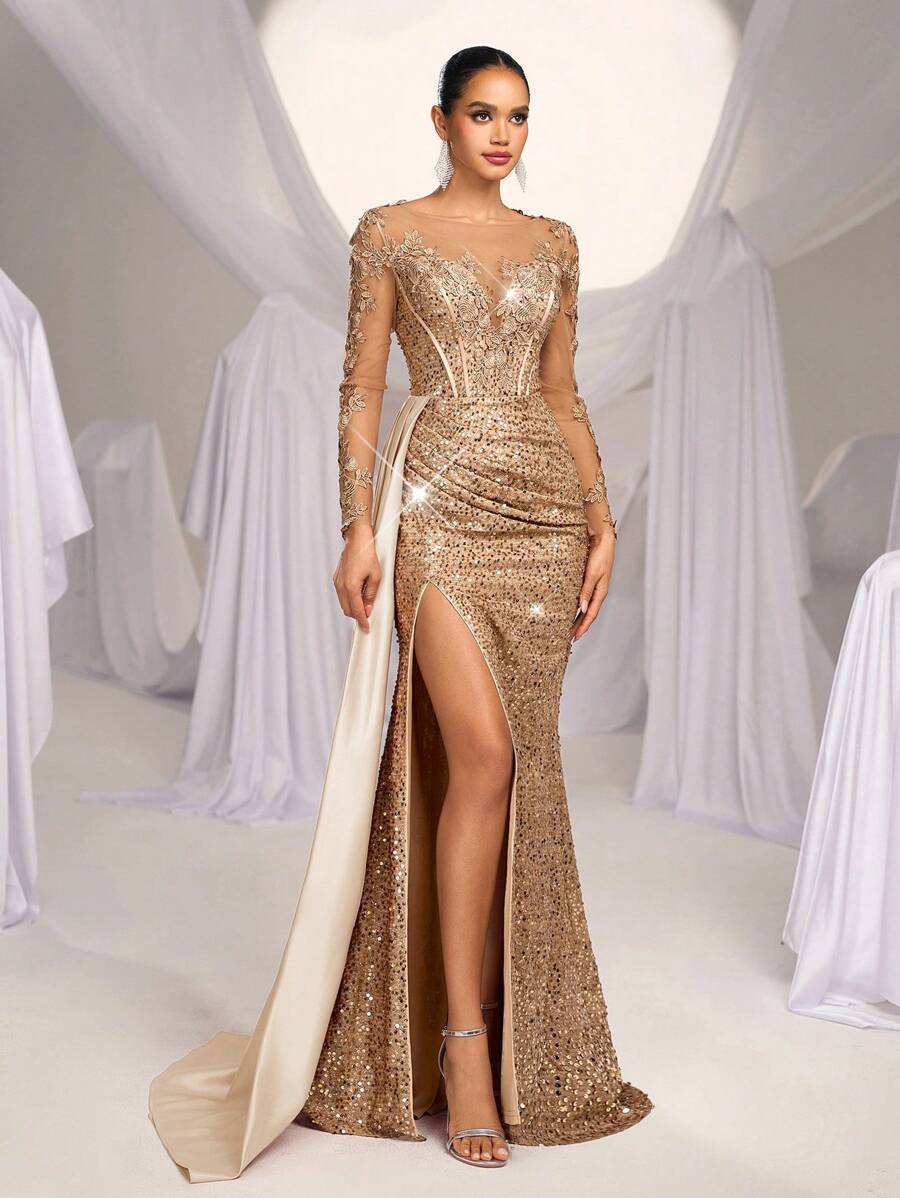 Elegantna luksuzna maksi haljina sa vezom, šljokicama, čipkom i satenom