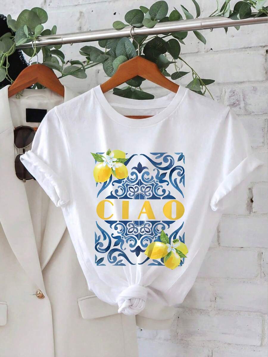 CIAO & Lemon Print Casual Round Neck Short Sleeve T-Shirt, Summer White