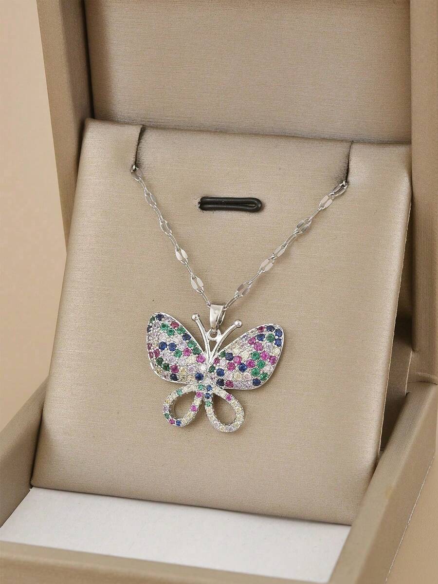 Moderna ogrlica od nerđajućeg čelika sa šupljim leptirom i kubičnim cirkonom