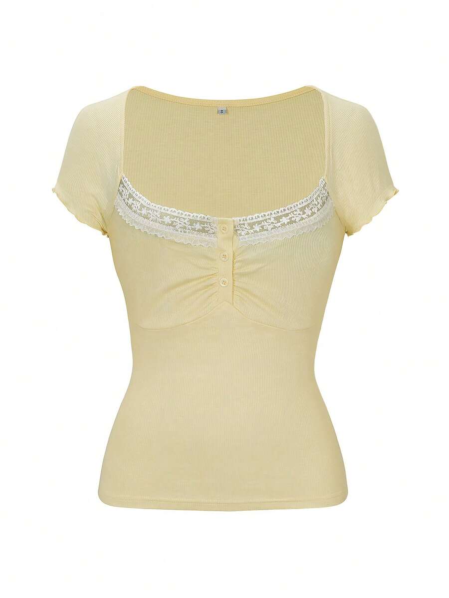 Ženska letnja majica sa čipkastim umetkom i kvadratnim izrezom – slim fit