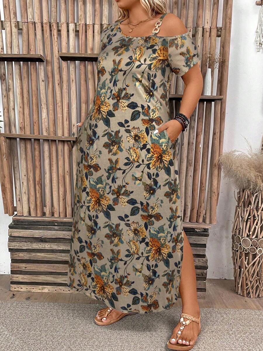 Ženska ležerna haljina plus size jednobojna, sa asimetričnim izrezom