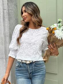 SHEIN Clasi Women's Round Neck Half Sleeve Embroidered White Floral Summer Elegent Garden Party N One Casual Shirt,Beach Vacation Festival Office Blouse Top