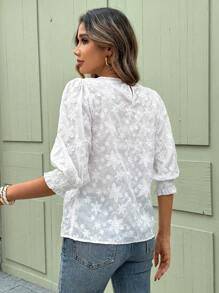 SHEIN Clasi Women's Round Neck Half Sleeve Embroidered White Floral Summer Elegent Garden Party N One Casual Shirt,Beach Vacation Festival Office Blouse Top