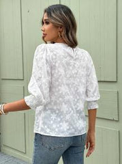 SHEIN Clasi Women's Round Neck Half Sleeve Embroidered White Floral Summer Elegent Garden Party N One Casual Shirt,Beach Vacation Festival Office Blouse Top