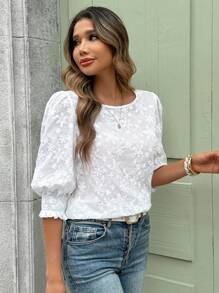 SHEIN Clasi Women's Round Neck Half Sleeve Embroidered White Floral Summer Elegent Garden Party N One Casual Shirt,Beach Vacation Festival Office Blouse Top