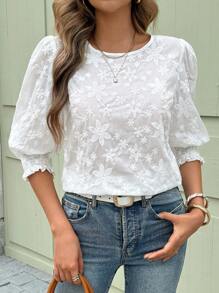 SHEIN Clasi Women's Round Neck Half Sleeve Embroidered White Floral Summer Elegent Garden Party N One Casual Shirt,Beach Vacation Festival Office Blouse Top