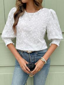 SHEIN Clasi Women's Round Neck Half Sleeve Embroidered White Floral Summer Elegent Garden Party N One Casual Shirt,Beach Vacation Festival Office Blouse Top