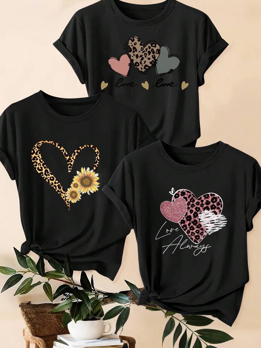 3 kom/set letnjih majica: ležerna majica plus size sa leopard printom, srcem i slogan grafikom