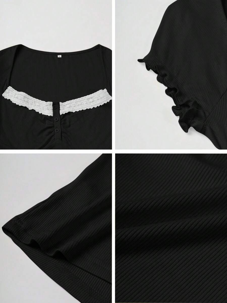 Ženska letnja majica sa čipkastim umetkom i kvadratnim izrezom – slim fit