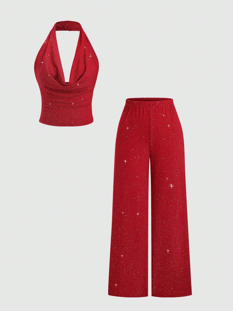 Sparkling  Halter set Top i Široke Pantalone