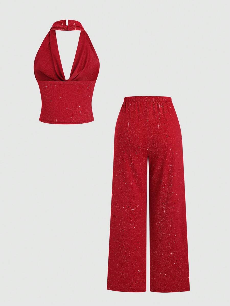 Sparkling  Halter set Top i Široke Pantalone
