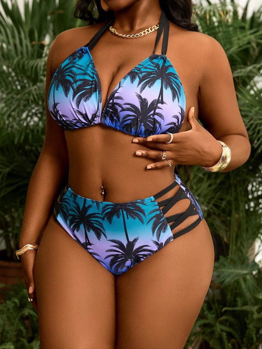 Seksi dvodeli bikini set sa printom i tankim kaišićima, plus size