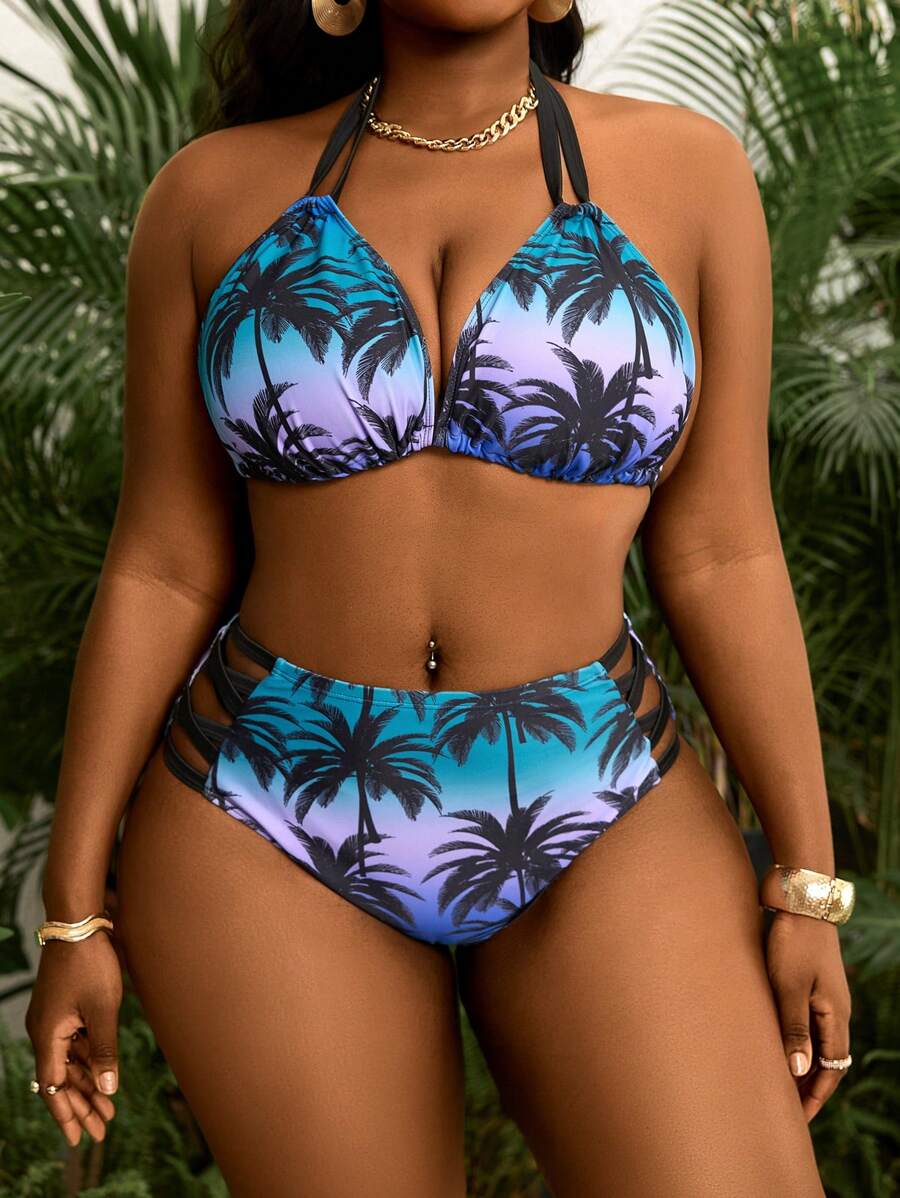 Seksi dvodeli bikini set sa printom i tankim kaišićima, plus size