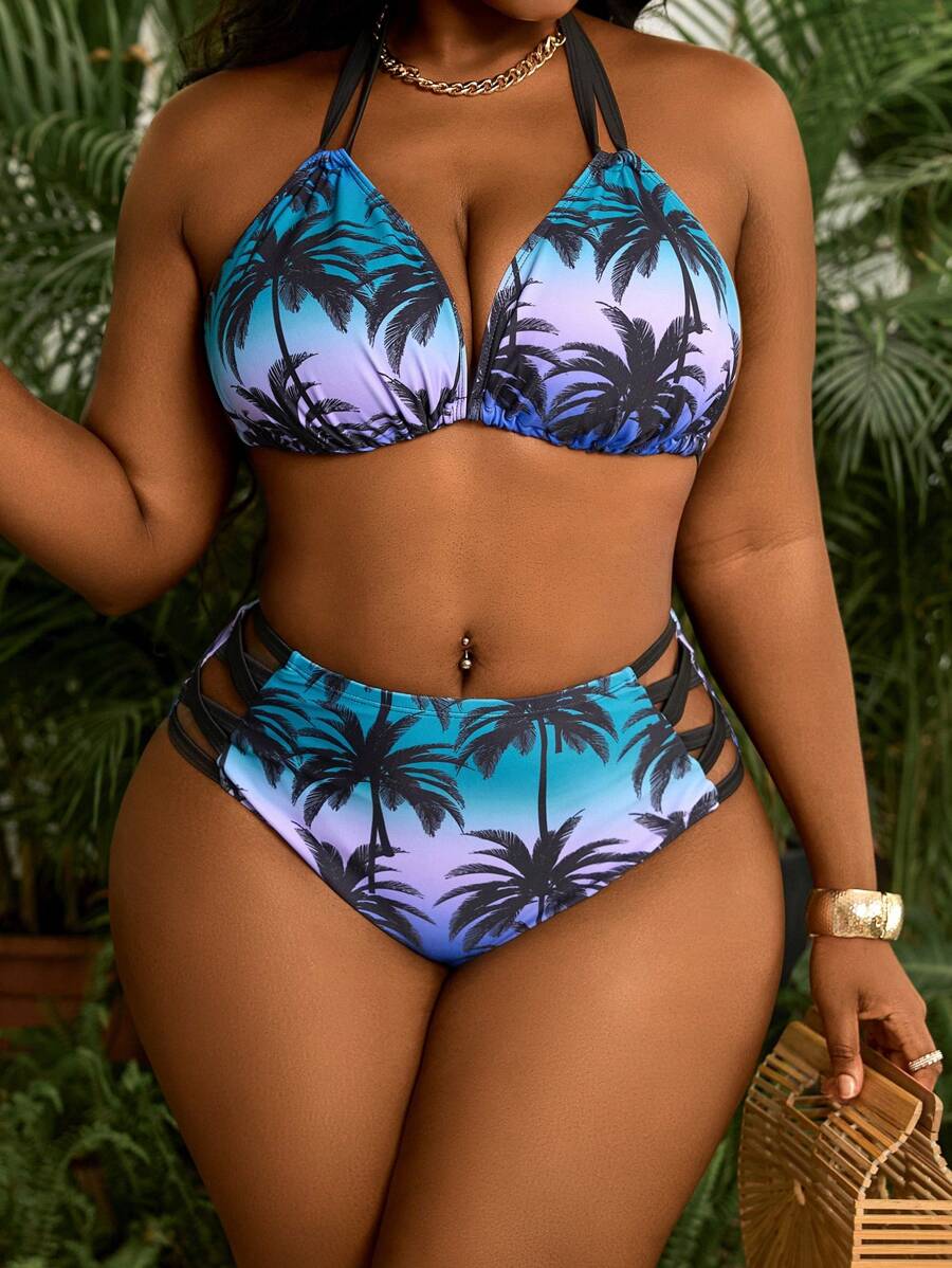 Seksi dvodeli bikini set sa printom i tankim kaišićima, plus size