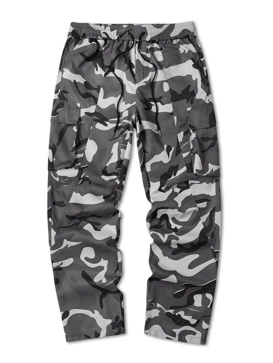 Muške široke cargo pantalone jednobojne sa pertlom u struku i džepovima