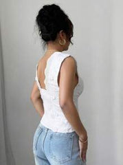 Selianne Women Elegant White Floral Summer Blouse For Dates,Fashion Sleeveless Suspender Cardigan,Waist Drawstring Back Lace Patchwork Embroidery Solid Color
