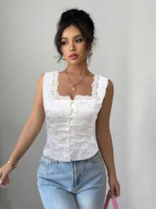 Selianne Women Elegant White Floral Summer Blouse For Dates,Fashion Sleeveless Suspender Cardigan,Waist Drawstring Back Lace Patchwork Embroidery Solid Color
