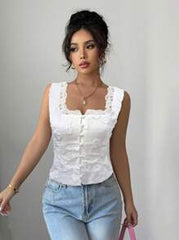 Selianne Women Elegant White Floral Summer Blouse For Dates,Fashion Sleeveless Suspender Cardigan,Waist Drawstring Back Lace Patchwork Embroidery Solid Color