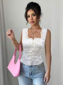 Selianne Women Elegant White Floral Summer Blouse For Dates,Fashion Sleeveless Suspender Cardigan,Waist Drawstring Back Lace Patchwork Embroidery Solid Color