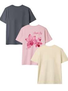 3pcs/Set Cute Floral Printed Daily Casual Round Neck Short Sleeve T-Shirt, Simple And Fashionable For Women Summer