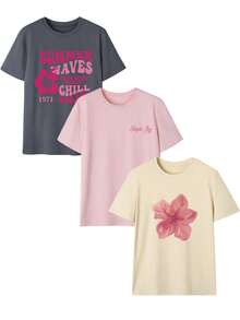 3pcs/Set Cute Floral Printed Daily Casual Round Neck Short Sleeve T-Shirt, Simple And Fashionable For Women Summer