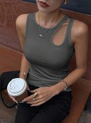 DAZY Women's Solid Color Crew Neck Sleeveless Ribbed Hollow Out Casual Tank Top Y2k