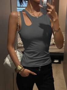 DAZY Women's Solid Color Crew Neck Sleeveless Ribbed Hollow Out Casual Tank Top Y2k