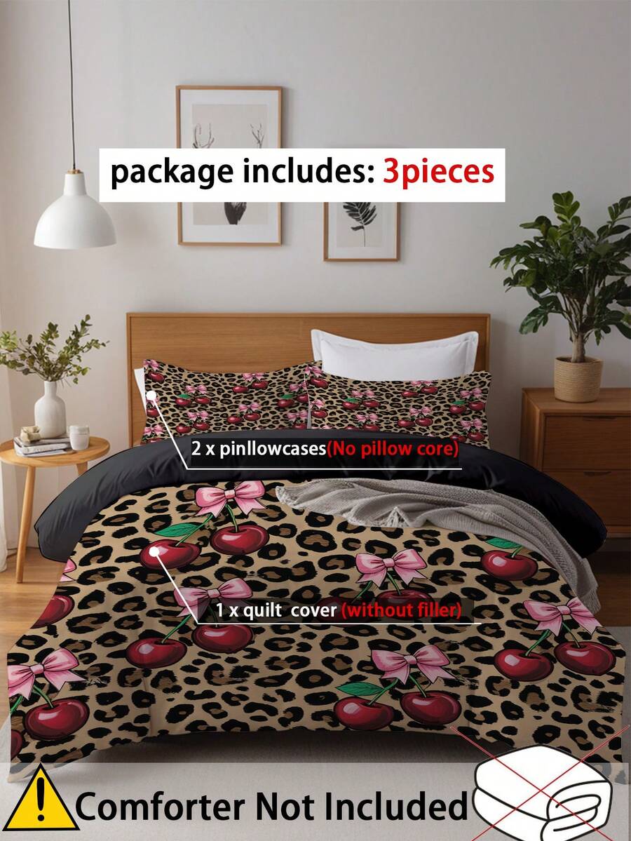 Set posteljine sa leopard printom i mašnom, 3 komada (1 navlaka za jorgan + 2 jastučnice, jorgan nije uključen)