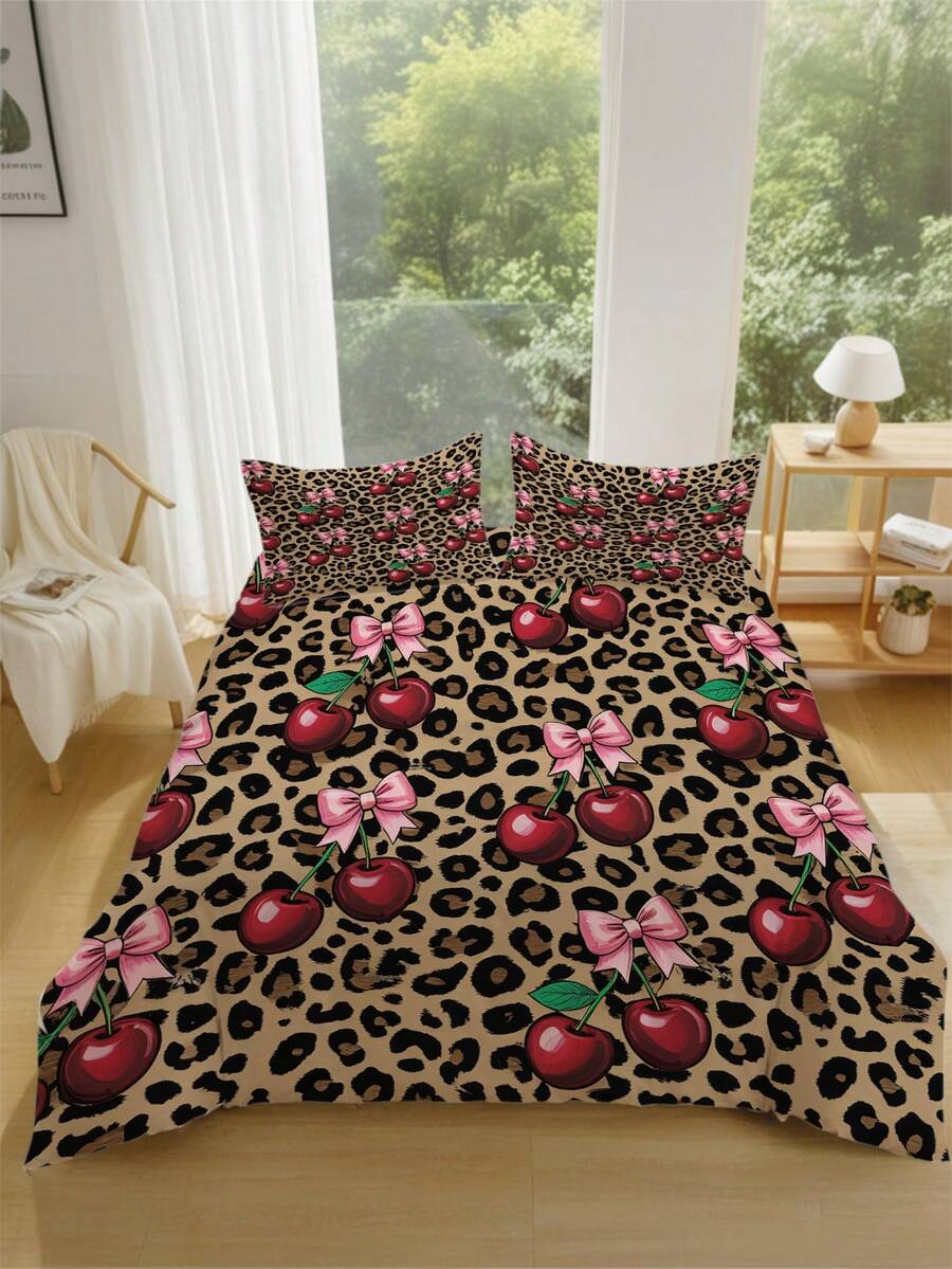 Set posteljine sa leopard printom i mašnom, 3 komada (1 navlaka za jorgan + 2 jastučnice, jorgan nije uključen)