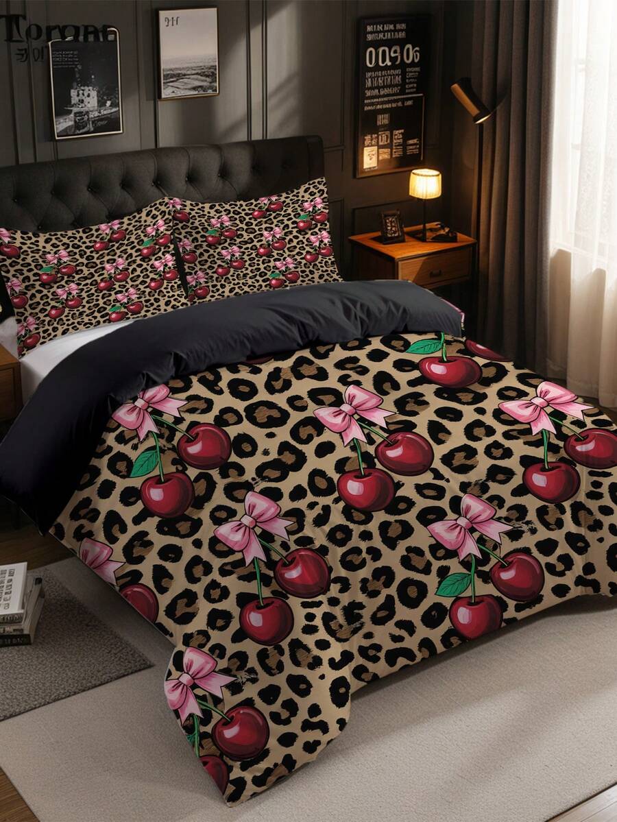 Set posteljine sa leopard printom i mašnom, 3 komada (1 navlaka za jorgan + 2 jastučnice, jorgan nije uključen)