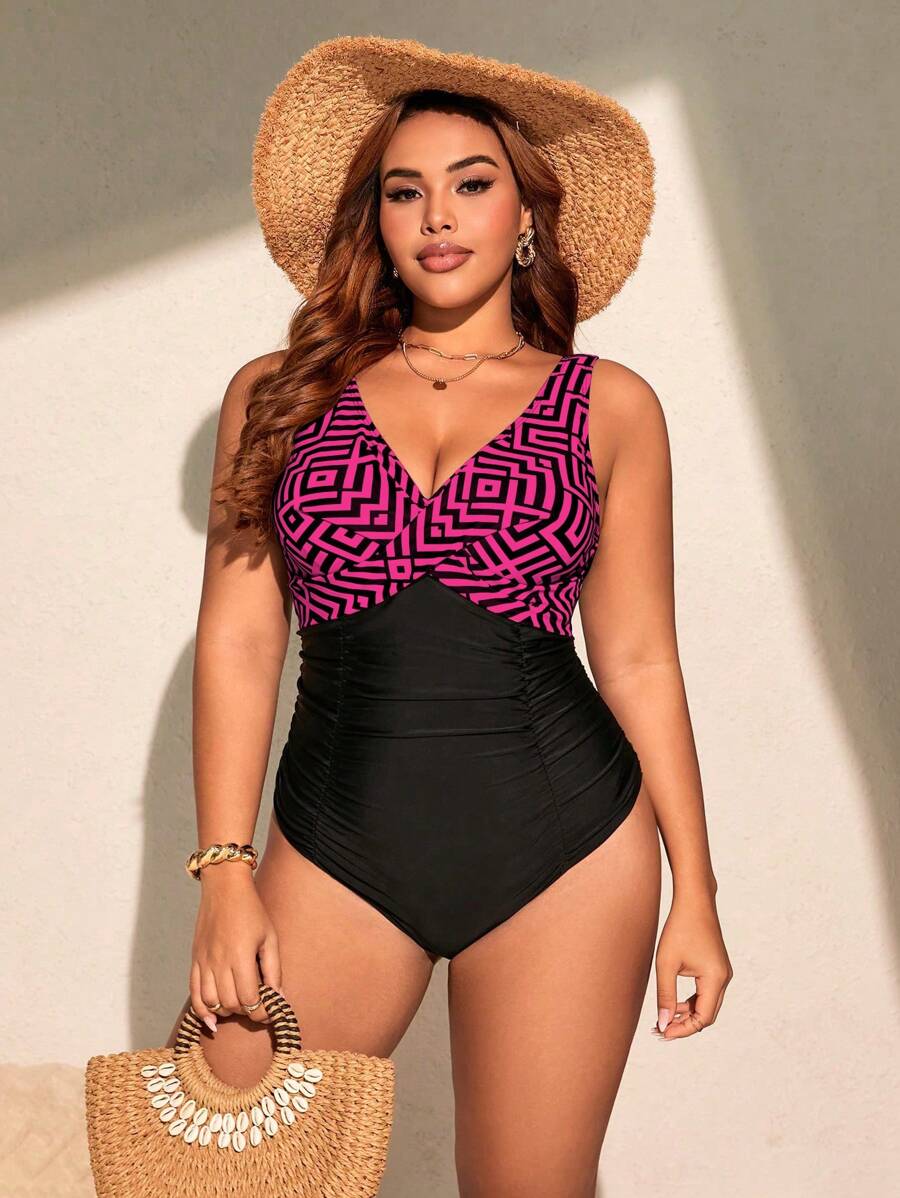 Jednodelni kupaći kostim za žene plus size sa geometrijskim printom i nabranim detaljima