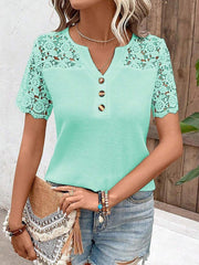 SHEIN LUNE Women's Elegant T-Shirt With Lace Inset V-Neck Short Sleeve, For Summer