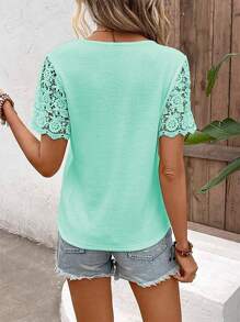 SHEIN LUNE Women's Elegant T-Shirt With Lace Inset V-Neck Short Sleeve, For Summer