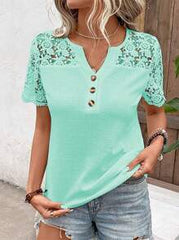 SHEIN LUNE Women's Elegant T-Shirt With Lace Inset V-Neck Short Sleeve, For Summer