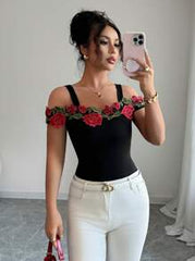 Elenzga Women's Elegant Rose Embroidery Off Shoulder Top Tee, Summer