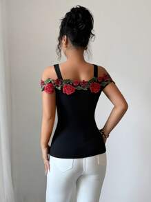 Elenzga Women's Elegant Rose Embroidery Off Shoulder Top Tee, Summer