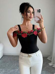 Elenzga Women's Elegant Rose Embroidery Off Shoulder Top Tee, Summer