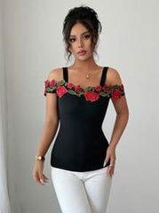Elenzga Women's Elegant Rose Embroidery Off Shoulder Top Tee, Summer
