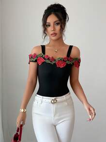 Elenzga Women's Elegant Rose Embroidery Off Shoulder Top Tee, Summer