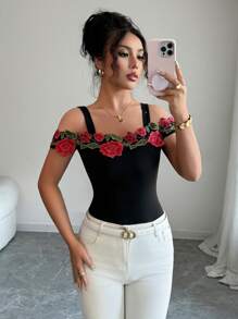 Elenzga Women's Elegant Rose Embroidery Off Shoulder Top Tee, Summer