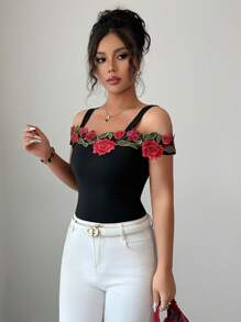 Elenzga Women's Elegant Rose Embroidery Off Shoulder Top Tee, Summer