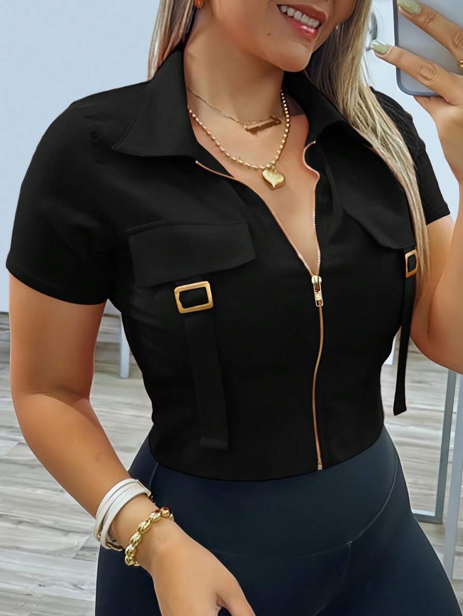INAWLY Women's Sexy Fitted Metal Buckle Decor Lapel Zipper Casual Short Sleeve T-Shirt